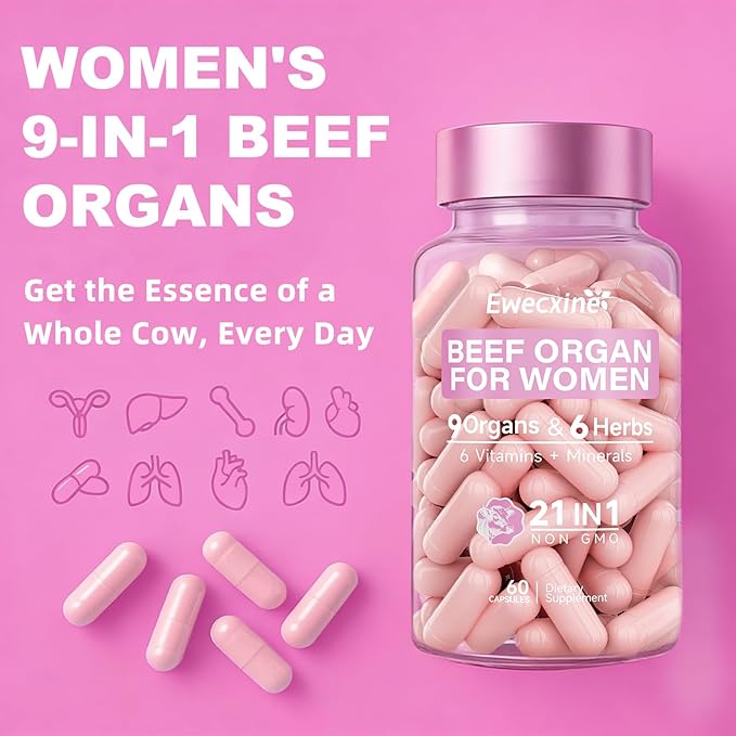 Beef Organ Supplement for Women | 9-Organ Formula with Herbal Support Liver Uterus Ovary Heart &amp Kidney for Feminine Balance &amp Energy | New Zealand Grass-Fed | 60 Capsules
