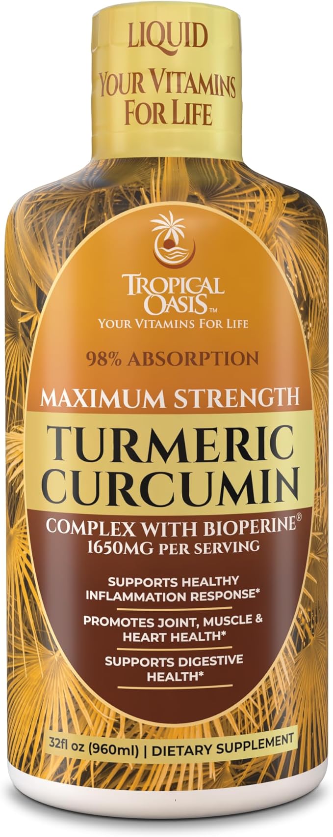 Tropical Oasis Liquid Turmeric Curcumin w/Bioperine - 1650mg Maximum Strength Turmeric Supplement with Black Pepper &amp Vitamin C - 98% Absorption Rate - 32oz
