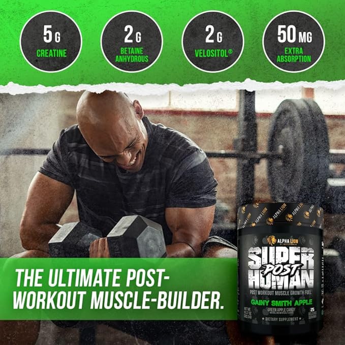 Alpha Lion Superhuman Post Workout Recovery Muscle Builder Drink Creatine Powder + More for Lean Muscle Growth Strength &amp Volume Supplement for Women &amp Men (25 Servings Gainy Smith Apple)