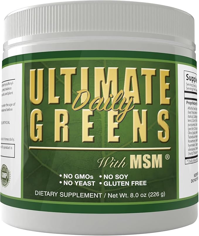 Ultimate Greens with MSM Powder Vegan Friendly Natural Ingredients Gluten Soy Free NO GMO Superfood Vegetable Nutritional Drink Alkalizing Energy 8oz 6 Pack (6 Month Supply)