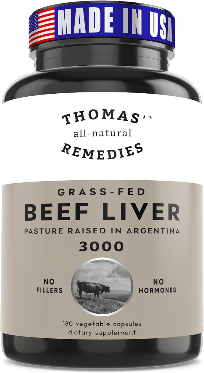 Thomas' all-natural Remedies Grassfed Beef Liver Supplement 3000mg Liver Support Supplement Pasture Raised in Argentina Non-GMO &amp Hormone Free (180 Caps)