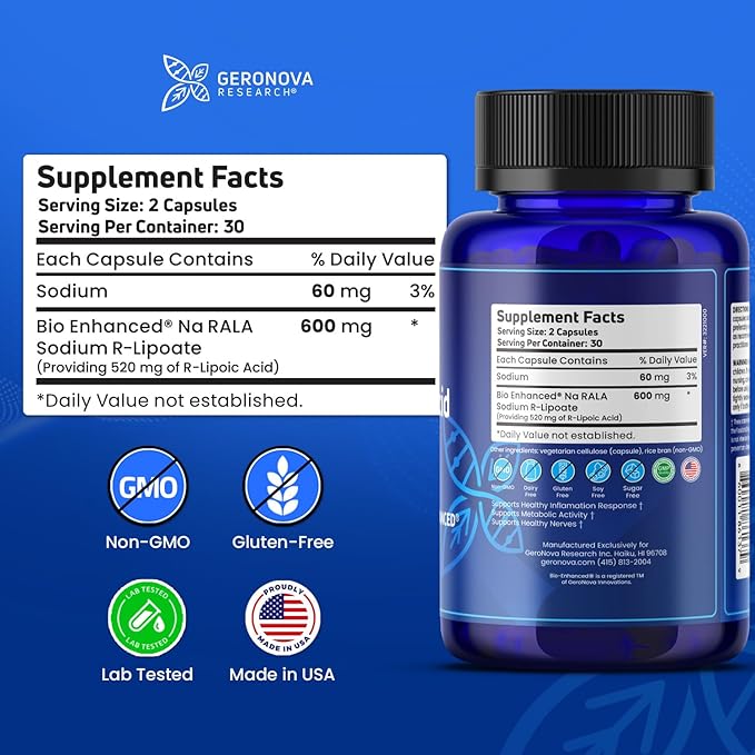 Geronova Research Bio-Enhanced R-Lipoic Acid 600 mg Dose - 1 Month Supply - Stabilized R Alpha Lipoic Acid with Enhanced Absorption - R Lipoic Acid Supplement - 60 Capsules
