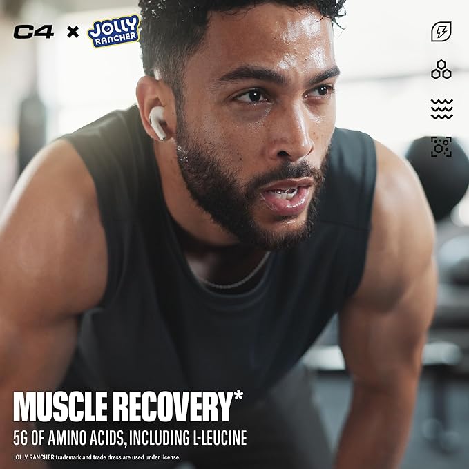 C4 Energy + Aminos Powder Jolly Rancher Green Apple 5g BCAAs &amp EAAs for Muscle Recovery 3 Electrolytes for Hydration 100mg Natural Caffeine Pre Workout Zero Sugar 30 Servings