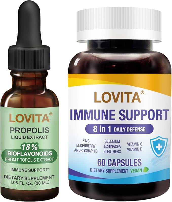 LOVITA Complete Immune Bundle - 1 Propolis Drops &amp 1 Immune 8-in-1 Capsules (60ct) Elderberry Zinc VIT C D &amp Bee Propolis (2 Pc Set)
