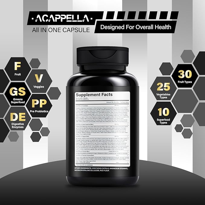 ACAPPELLA Fruit and Veggies Capsule with Greens Superfood Extract Digestive Enzymes with Probiotics and Prebiotics Fruits and Vegetables Supplements for Men and Women (1)