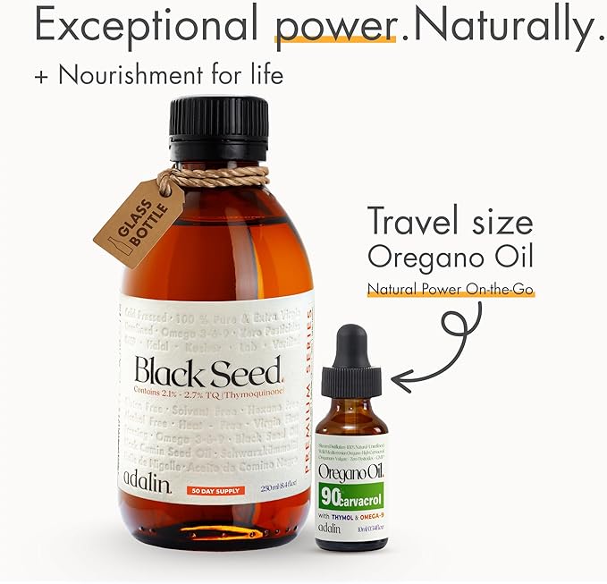 adalin Black Seed Oil Organic Cold Pressed 8.4 fl oz with Travel Size Oil of Oregano 0.34 fl oz | Black Cumin Seed | Nigella Sativa | High Thymoquinone &amp Carvacrol | Glass Bottle | Gluten Free