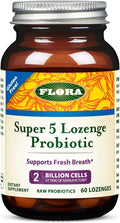 Flora - Super 5 Lozenge Probiotic Raspberry Flavored Oral Probiotic Good for Bad Breath Five Strains with 2 Billion CFU Regain and Retain Gut Health RAW 60 Lozenges