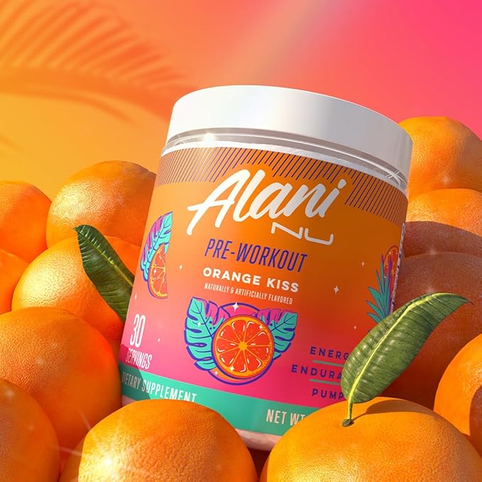 Alani Nu Pre Workout Powder Orange KISS Amino Energy Boost Endurance Supplement Sugar Free 200mg Caffeine L-Theanine Beta-Alanine Citrulline 30 Servings