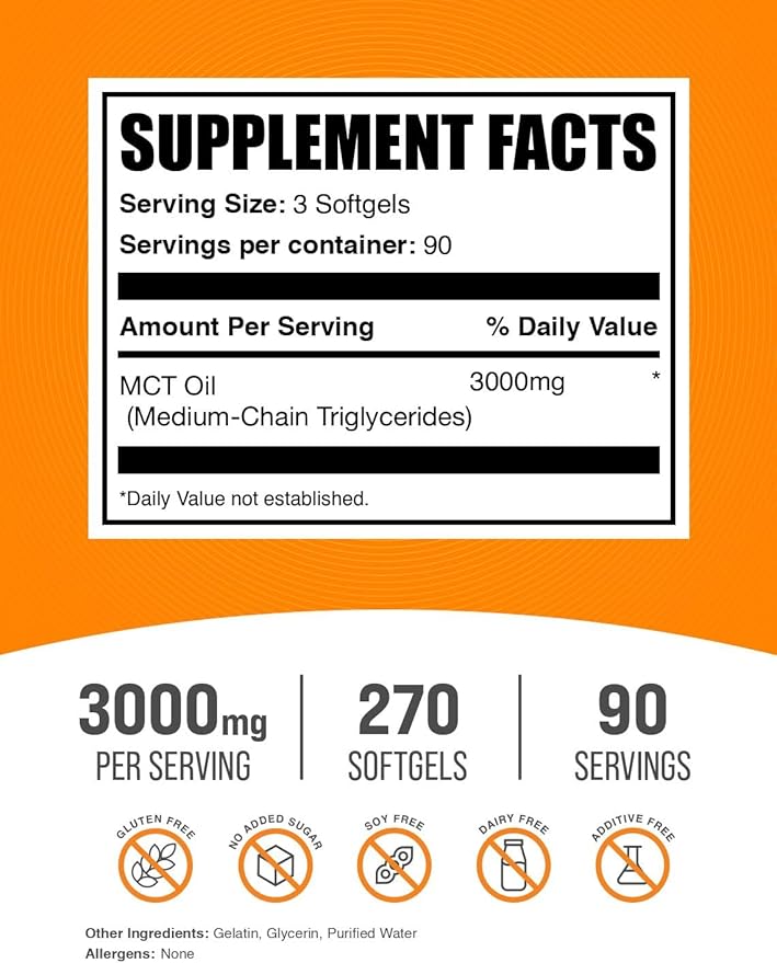 BulkSupplements.com MCT Oil Softgels - Medium Chain Triglyceride MCT Supplement MCT Oil 3000mg - for Energy Support Gluten Free 3 Softgels per Serving 270 Count (Pack of 1)