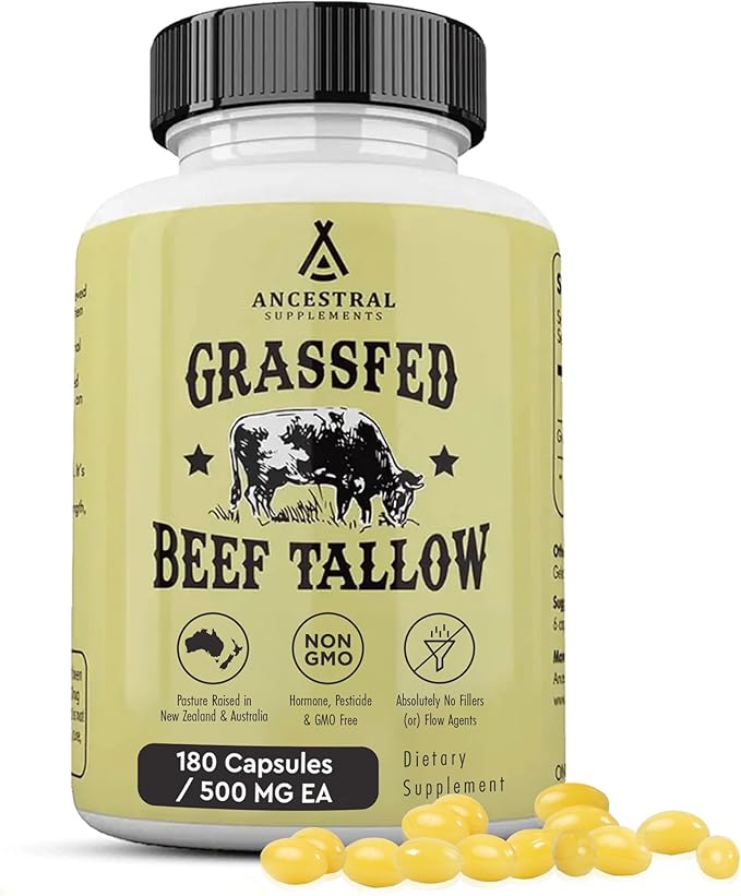 Ancestral Supplements Grass Fed Beef Tallow Capsules 3000mg Nourishing Kidney Fat Supplement Supports Bones Teeth Gums Skin Immune and Overall Health Non-GMO 180 Capsules