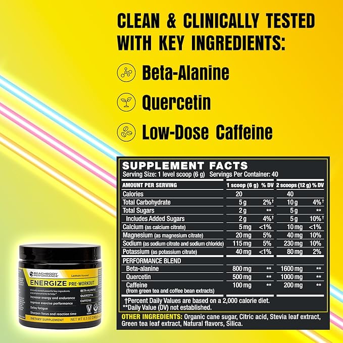 BODi Energize Pre Workout Powder - Beta-Alanine Quercetin &amp Low-Dose Caffeine Formula for Enhanced Energy &amp Focus Increase Energy &amp Endurance Supplement Lemon Flavored 40 Servings