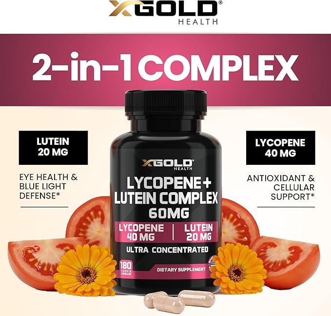 Lycopene + Lutein 60mg Supplement | Eye Health &amp Vision Support | Antioxidant for Healthy Eyes &amp Skin | Non-GMO Gluten Free | 180 Vegetarian Capsules | Made in USA
