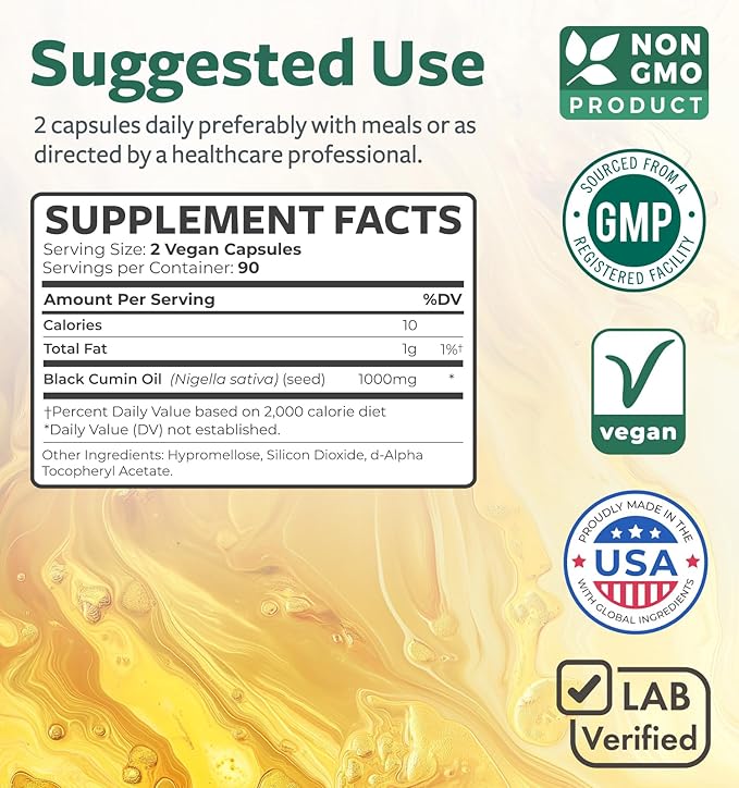 Black Seed Oil - 180 Softgel Capsules (Non-GMO &amp Vegan) Premium Cold-Pressed Nigella Sativa Producing Pure Black Cumin Seed Oil with Vitamin E - 500mg Each 1000mg Per 2 Capsule Serving