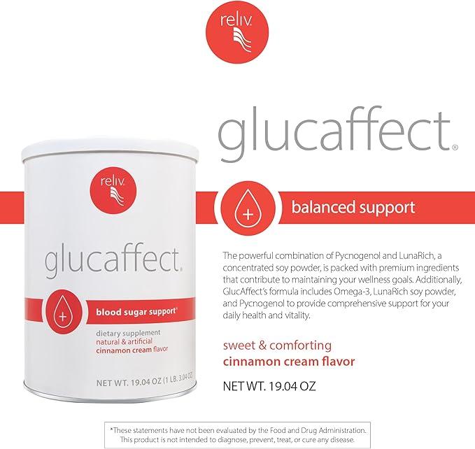 RELIV GlucAffect Support Powder - Omega 3 &amp LunaRich Blend for Balanced Dextrose Levels &amp Wellness Cinnamon Cream Flavor 19.04 oz