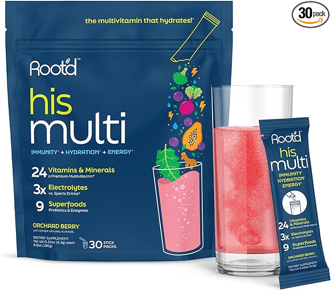 Root'd Multivitamin Powder for Men - 24 Vitamins &amp Minerals with 3X Electrolytes 9 Organic Superfoods Probiotics &amp Enzymes Sugar-Free Multivitamin &amp Hydration | 30 Vitamin Drink Mix Pac