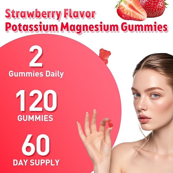 2 Pack Potassium Magnesium Gummies for Men &amp Women Potassium Magnesium Supplement for Leg Cramps Muscle Health &amp Electrolyte Balance Strawberry Flavor 120 Gummies