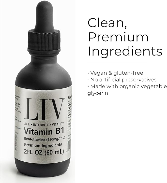LIV Vitamin B1 Liquid – Thiamine &amp Benfotiamine Supplement for Glucose Metabolism &amp Nerve Support – Fast-Absorbing Liquid Drops – 60 mL