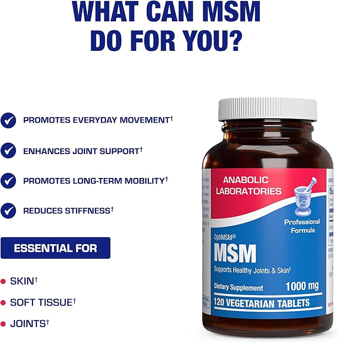 Methylsulfonylmethane MSM Supplement 1000mg - High Strength Soft Tissue &amp Joint Support Supplement with MSM from OptiMSM - Vegetarian Non-GMO &amp Made in the USA in cGMP Facilities - 60 Servings