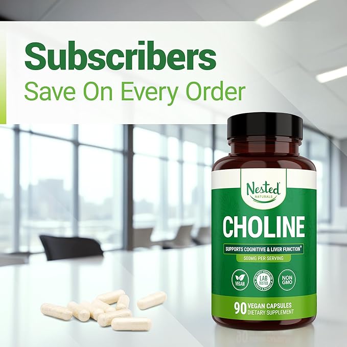 Nested Naturals Choline Bitartrate 500mg - High Potency Choline Supplements - Supports Cognitive Performance &amp Liver Function - 100% Vegan &amp Non-GMO Choline - 90 Vegan Capsules