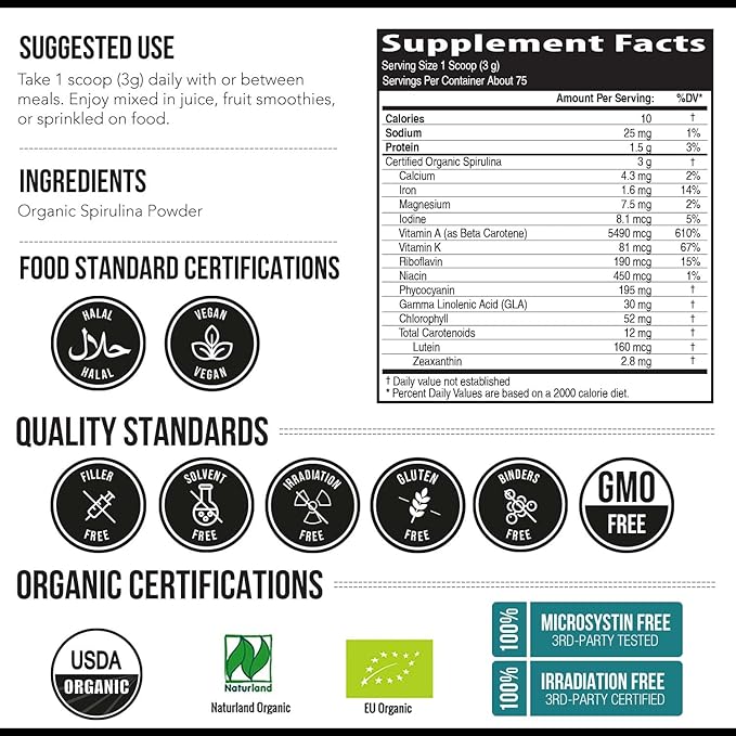 Organic Spirulina Powder – Made with Parry® Spirulina Known for Superior Purity and Nutrient Density – Vegan Farming – Non-Irradiated – Blue-Green Algae Superfood Supplement – 75 Servings – 8 oz