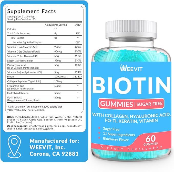 Sugar-Free Biotin Gummies Biotin and Collagen Gummies with Keratin Hyaluronic Acid for Women &amp Men | Hair Growth Glowing Skin &amp Strong Nails | Vitamin B7 Supplement Non-GMO Chewable