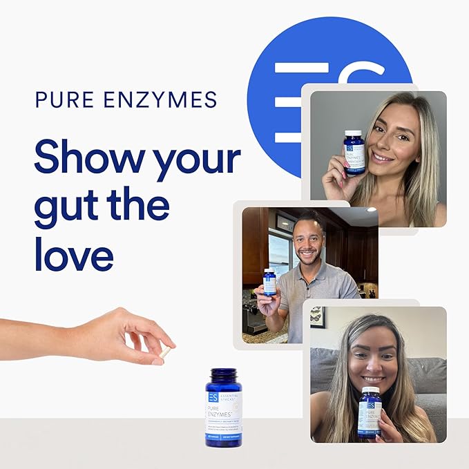 Essential Stacks Pure Digestive Enzymes (Gluten Dairy &amp Soy Free) - 18 Enzymes for Digestion incl. Amylase Lipase &amp Lactase - Vegetarian &amp Non-GMO (60 Capsules)