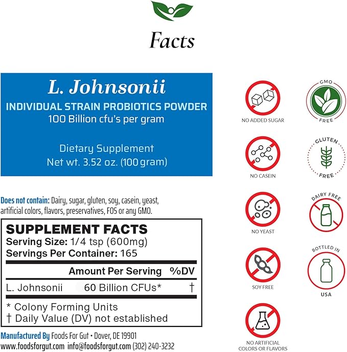 Foods For Gut Lactobacillus Johnsonii Probiotic Powder 100 Billion cfu's | No Additives | Direct from Manufacturer | No Third-Party Storage | Immune Support | L. Johnsonii | 100 Grams (3.52 Oz)