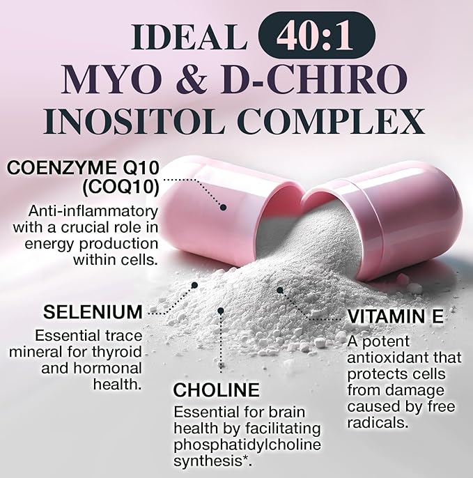 Myo-inositol &amp D-chiro Inositol Supplement for Women - Ideal 40:1 Ratio Complex for Fertility Hormonal Balance Menstrual Cycle &amp Ovarian Health Support with CoQ10 Choline &amp Selenium - 1