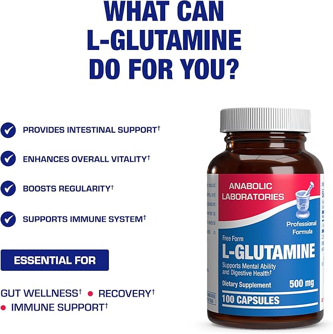 Free Form L-Glutamine Supplement - Clinical L Glutamine Capsules 500mg for Gut Health and Immune Support - Powerful Amino Acid Glutathione Precursor - Non-GMO &amp Made in The USA - 100 Servings