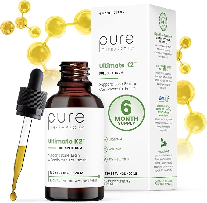 Pure Therapro Rx Ultimate K2 Supplement | Liquid Liposomal Vitamin K2 Drops | 180 Serving | 600mcg Vegan K2 as MK4 &amp MenaQ7 MK7 | Supports Bone Health Heart Health Skin &amp Hair | 20 mL