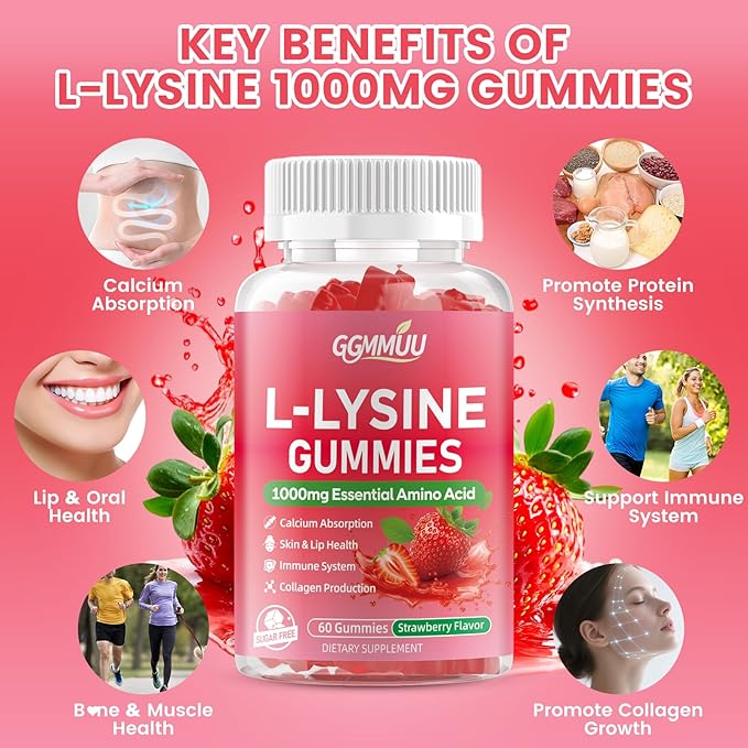 2 Pack L-Lysine Gummies 1000mg L-Lysine Supplement for Adults &amp Kids Essential Amino Acid Supplement for Lips &amp Oral Health Immune Support Strawberry Flavor 120 Count