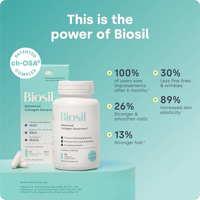 Biosil Collagen Booster Supplement - 120 Original Capsules Pack of 2 - Patented ch-OSA Activator for Skin Hair Nails &amp Joints - Supports Natural Production - 120-Day Supply