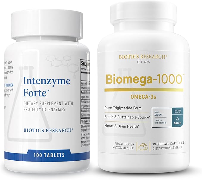 Biotics Research Intenzyme Forte Proteolytic Enzymes for Protein Digestion Immune &amp Circulatory Support + Biomega-1000 Omega-3 Fish Oil for Heart Brain &amp Immune Health – 100 tabs &amp 90 So