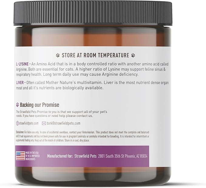 Strawfield Pets L-Lysine Immune Support Granules for Cats &amp Kittens - Immune Health Supplement Cat Cold Relief Sneezing Congestion Running Nose Watery Eyes Chicken Liver Flavor 200 Scoops Per