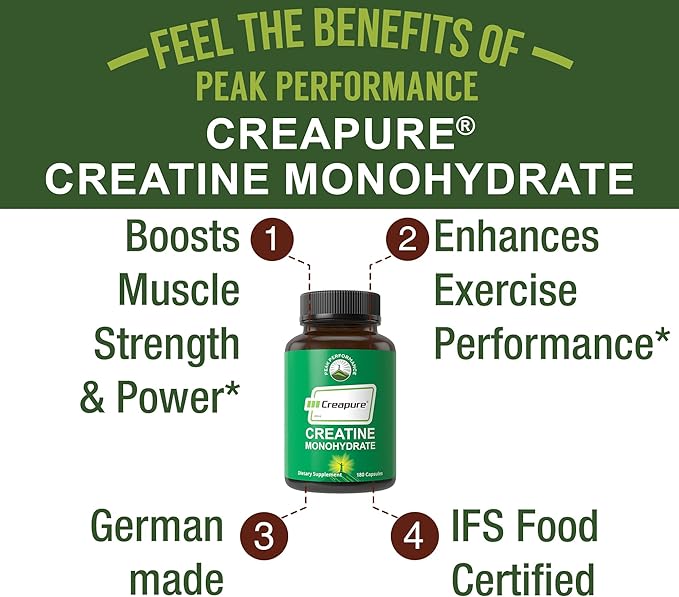Creapure Creatine Monohydrate 180 Capsules - Ultra High Purity German Made Creatine with Nothing Added at All - Pure Unflavored Pills for Men &amp Women - No Sugar Non-GMO Vegan Friendly Supplement