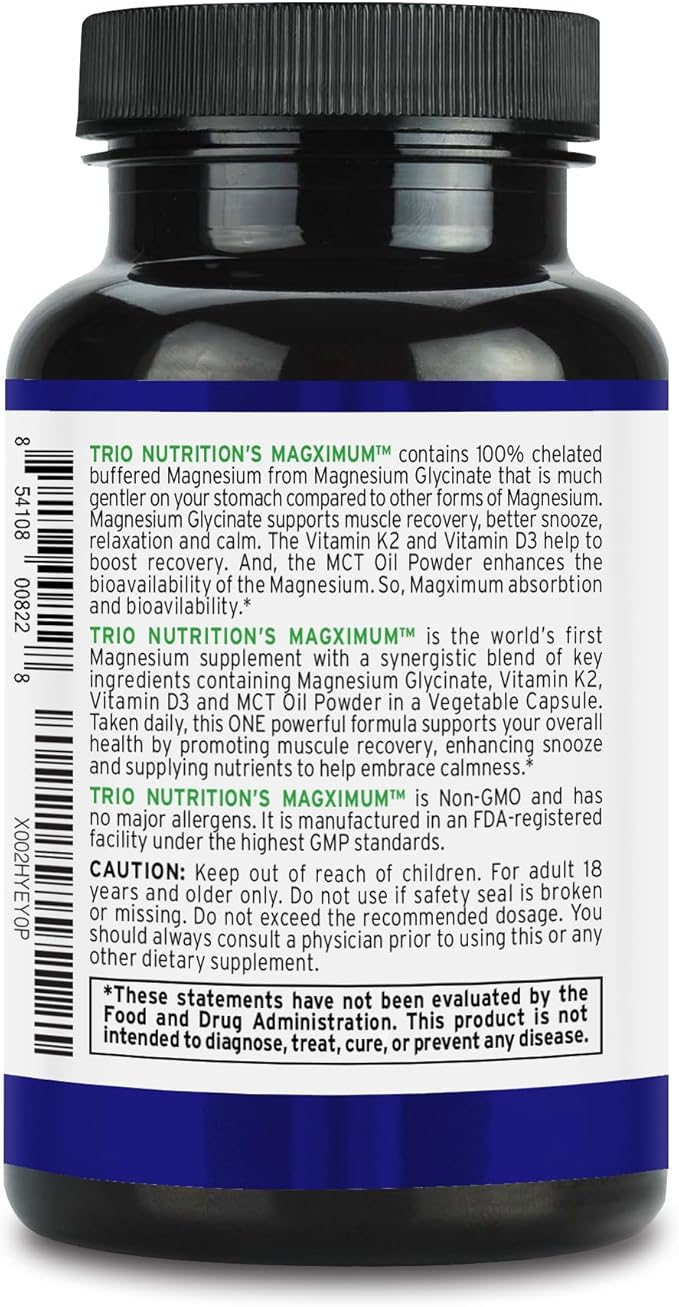 Trio Nutrition MagX Magnesium Glycinate Vitamin D3 Vitamin K2 &amp MCT Oil | Chelated Magnesium Supplement | Calm Relaxation &amp Recovery | Be Well Rested &amp Start Your Day with Magximum