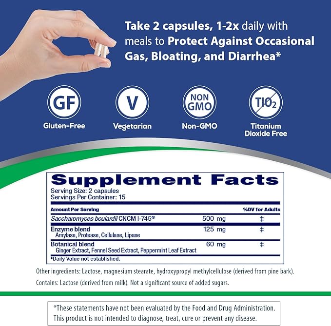 Florastor Advanced Gas and Bloat Probiotic Digestive Enzymes and Botanicals Plus Probiotics for Digestive Health 30 Capsules (Pack of 2)