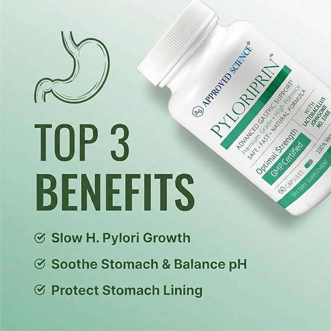 Approved Science Pyloriprin - Advanced Digestive Support for A Healthy Stomach - Zinc L-Carnosine Probiotic Broccoli Sprout Deglycyrrhized Licorice - 180 Capsules - Three Month Supply - Vegan