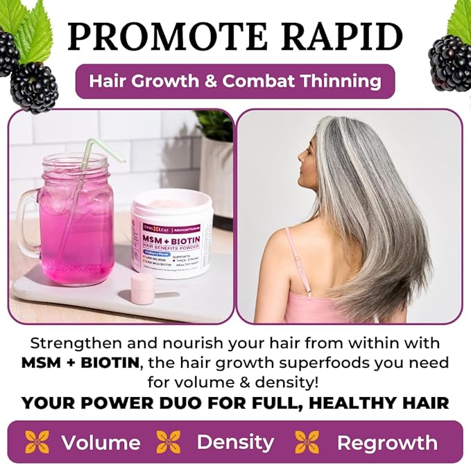 MSM + Biotin Hair Benefits Powder - Hair Growth MSM Supplement for Women &amp Men - Biotin &amp Vitamin C Blend - Wildberry MSM Powder for Hair Volume &amp Strength - Gluten-Free - 30 Servings (8.5