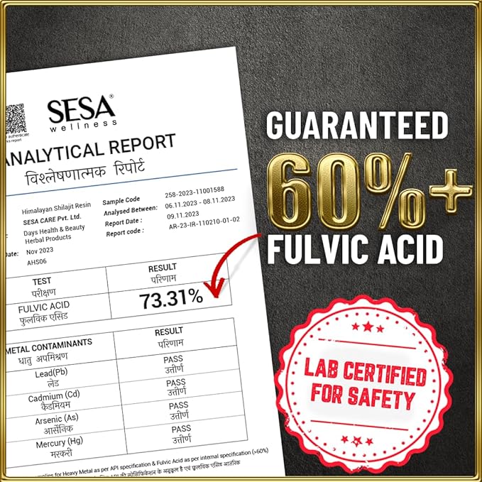 sesa Himalayan Shilajit Resin 100% Ayurvedic 50 Servings of 400mg Helps Boost Strength 85+ Trace Minerals Endurance &amp Immunity 70%+ Fulvic Acid Contains Lab Certificate