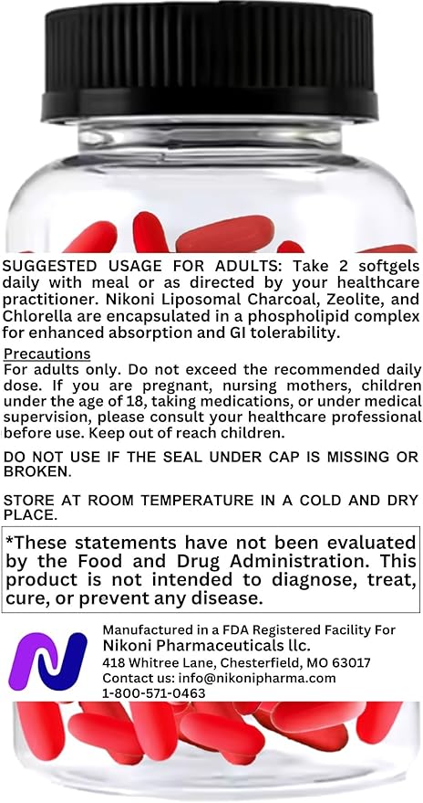 Nikoni Liposomal Zeolite Activated Charcoal &amp Organic Chlorella Supports Full Body Detox - 120 Vegan Softgels