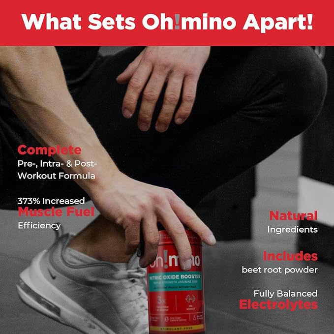 Oh!mino L-Arginine Nitric Oxide Supplement - Blood Flow Supplement Nitric Oxide Booster w/Beetroot Powder for Energy Focus Endurance Muscle Building - Pre &amp Post Workout (120-Count 30 Serving