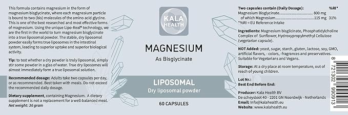 Liposomal Magnesium Bisglycinate Powder 500 mg Capsules – Vegan Non-GMO Pure Active Ingredient No Additives 80% Elemental Magnesium per Serving (60)