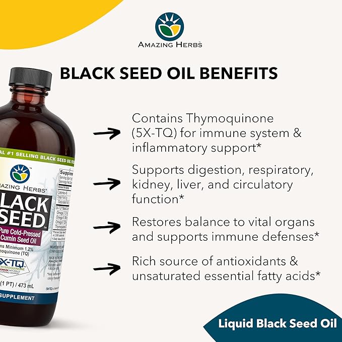 Amazing Herbs Premium Black Seed Oil - Gluten Free Non GMO Cold Pressed Nigella Sativa Aids in Digestive Health Immune Support Brain Function Joint Mobility - 16 Fl Oz (Pack of 2)