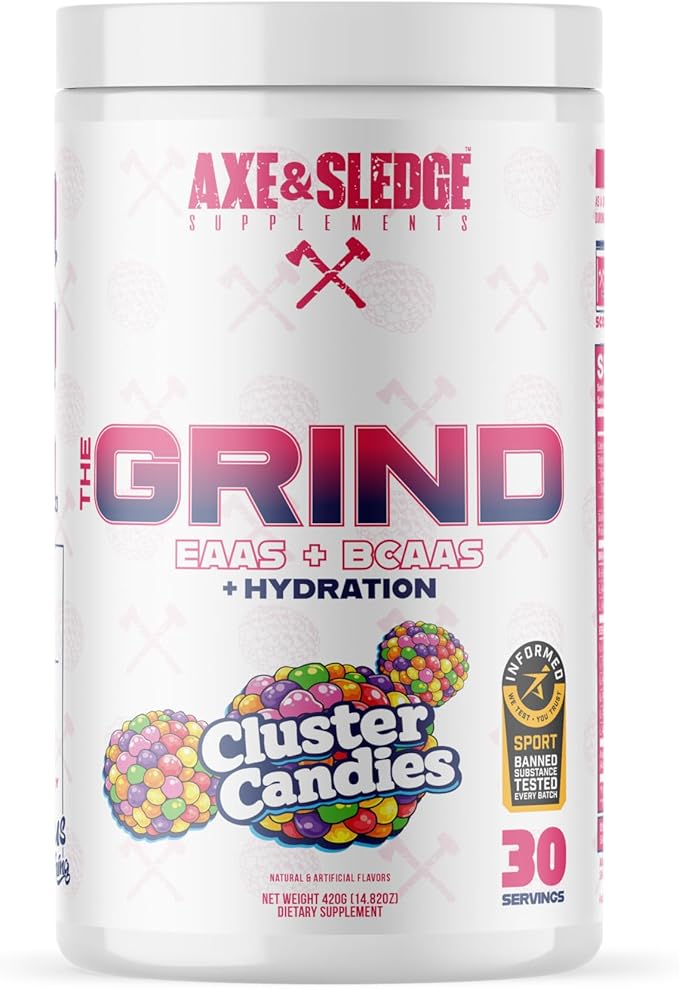 Axe &amp Sledge The Grind Essential Amino Acids | EAA &amp BCAA Powder | Muscle Recovery &amp Electrolytes for Hydration | Stimulant-Free Vegan | 30 Servings Cluster Candies
