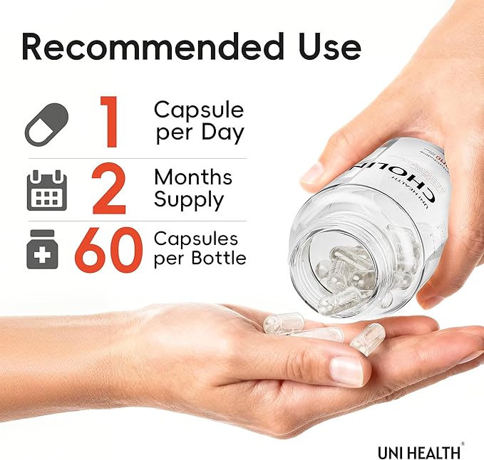 UniHealth® Choline 500 mg with VitaCholine® 60-Day Supply Liquid Vegan Capsules for Prenatal Choline Supplement Brain Health Cognitive Performance &amp Liver Support Non-GMO Gluten-Free USA Ma