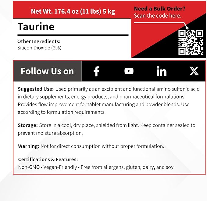 Taurine Supplement Powder 5000 Grams - USP Grade Pre-Workout Supplement Amino Acid for Energy Support &amp Nervous System Health - 5 kg (11 Pound)