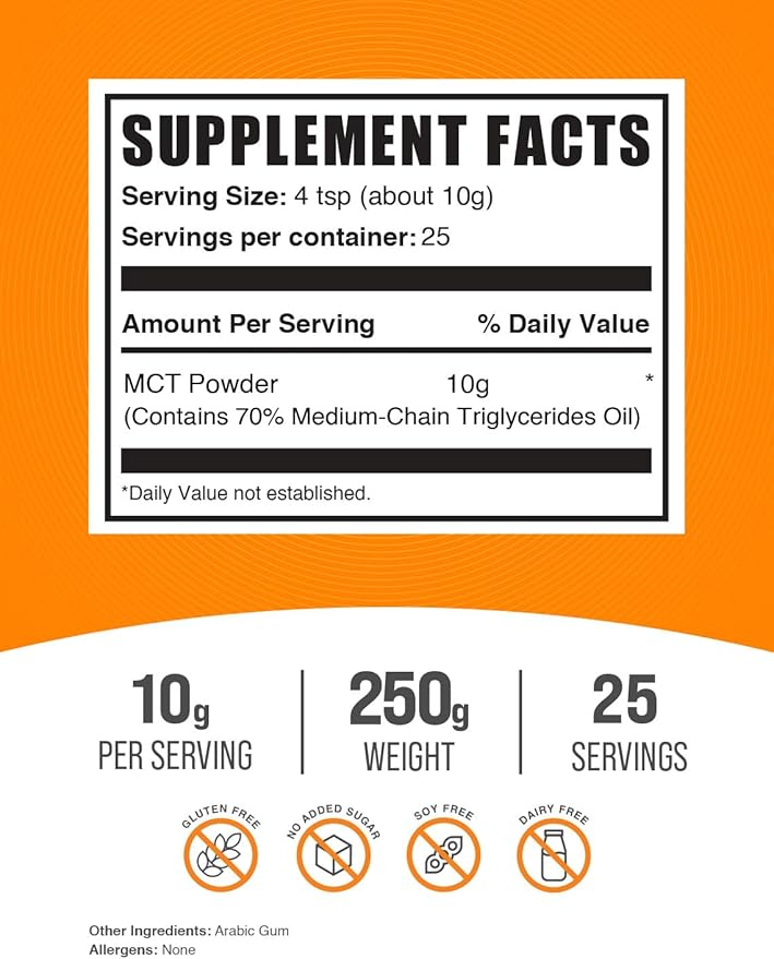 BulkSupplements.com MCT Powder - Medium Chain Triglycerides from MCT Coconut Oil MCT Oil Powder - MCT Supplement for Energy - Gluten Free 10g per Serving 250g (8.8 oz) (Pack of 1)