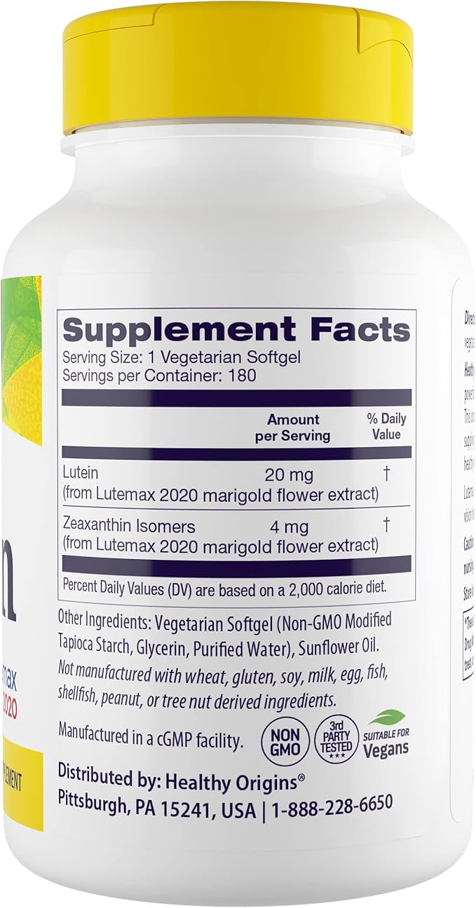 Healthy Origins Lutein 20 mg (Lutemax 2020 with Zeaxanthin Non-GMO Vegan Eye Support) 180 Veggie Gels