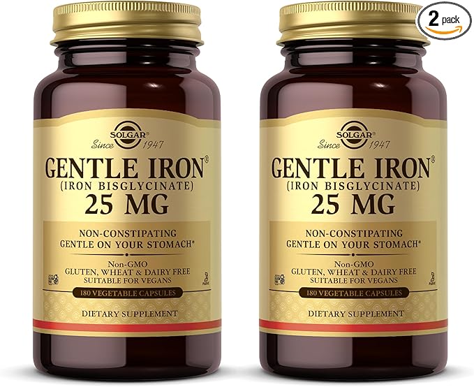 Solgar - Gentle Iron 25 mg Vegetable Capsules 180 Count 2 Pack Easy on Stomach Promote Red Blood Cell Production.